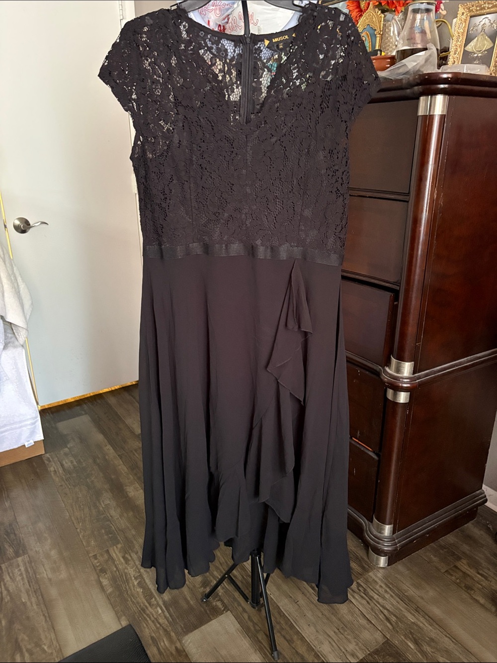 Miusol Black Lace Bodice Midi Dress with Ruffle Detail